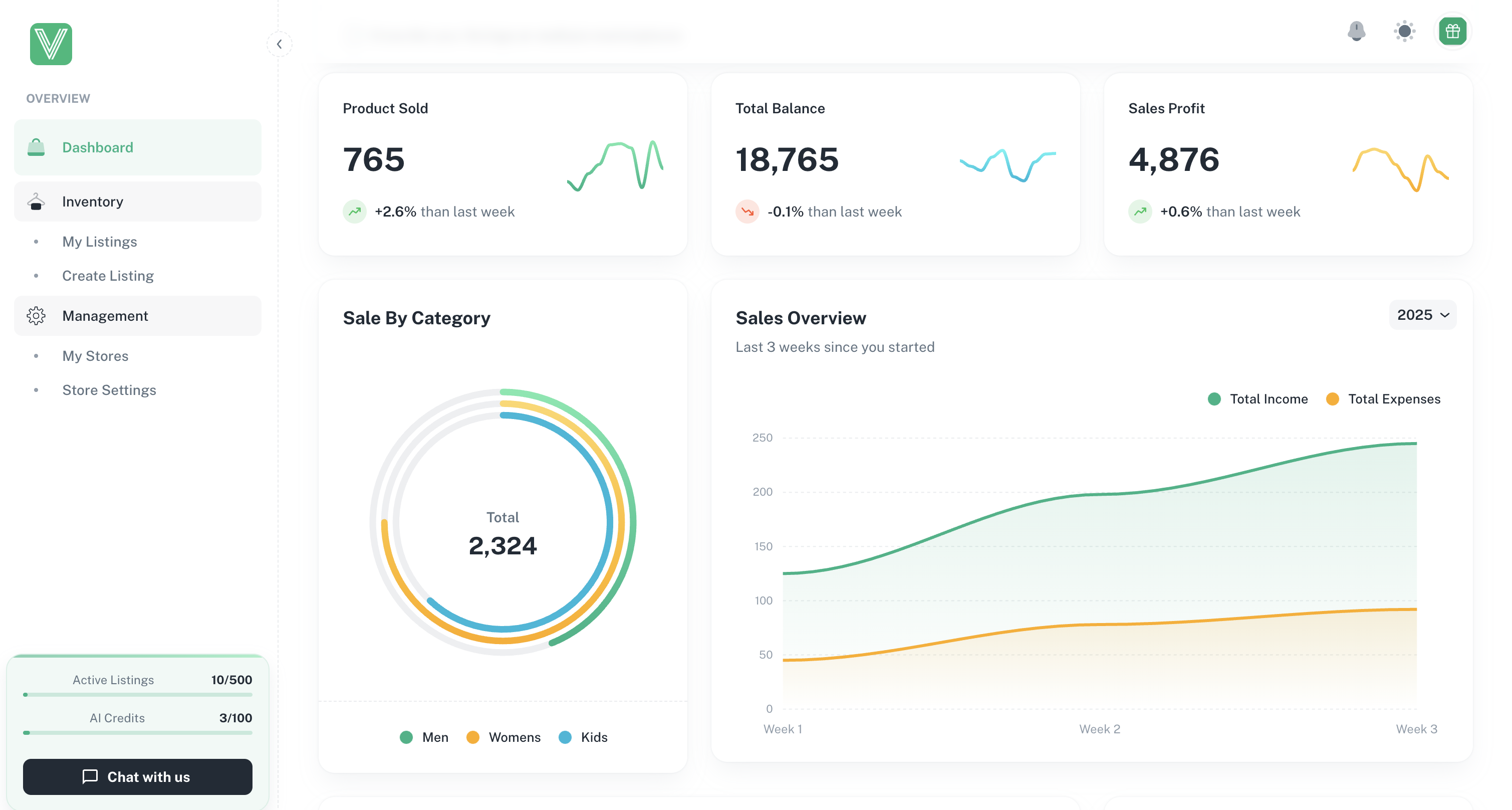 Voolist dashboard showing inventory management interface